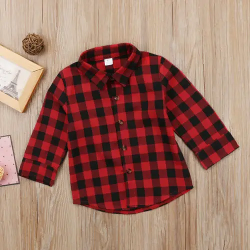Kids Little Boys Girls Baby Letters Print Long Sleeve Button Down Red Plaid Flannel Shirt