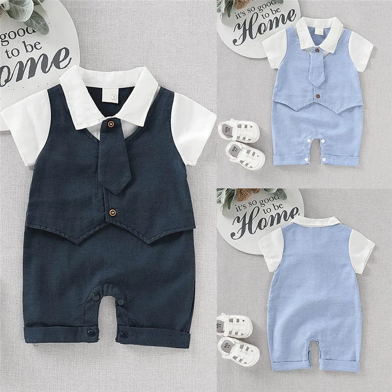 The new fashion cute design Infant Baby Boys Short Sleeve Gentleman Romper Necktie Tie Solid Print Jumpsuit  (15)