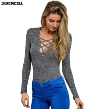 2017 New Charcoal lace up fall spring knitted tops sexy v neck sweater women cross tops