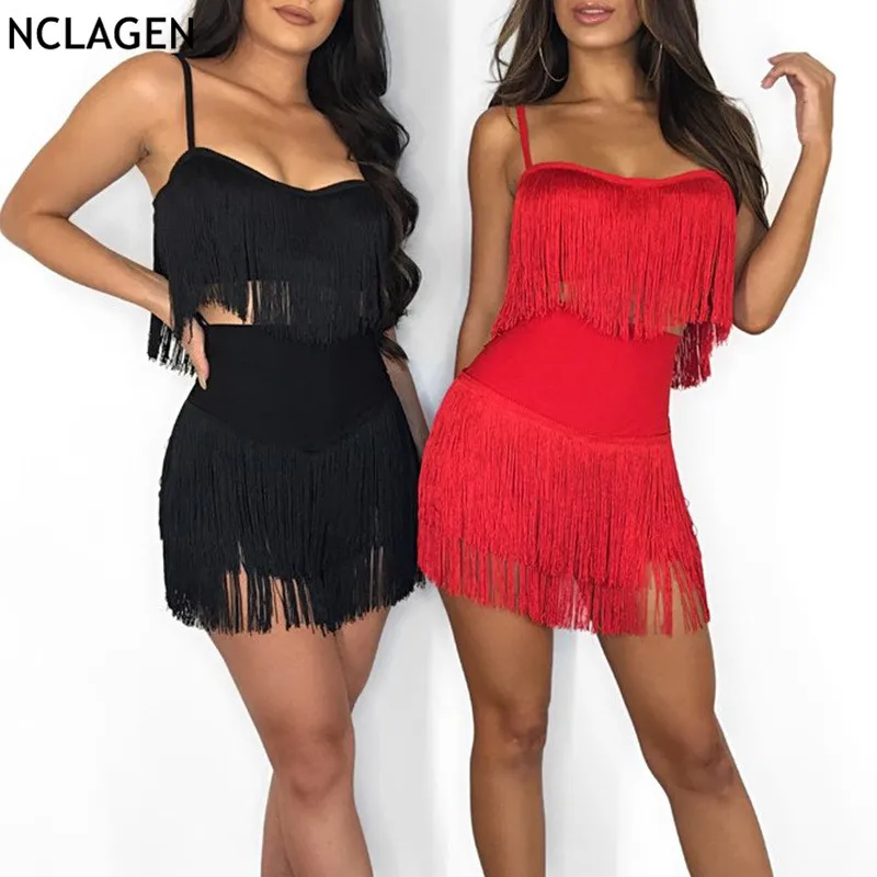 Nclagen Women Sexy Tassel Two Pieces Set Backless Navel Bare Crop Tanks 