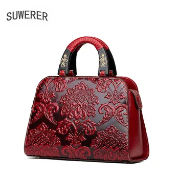 

SUWERER 2020 New Genuine Leather women bags Retro Handmade embossing luxury leather shoulder bag designer women famous brands
