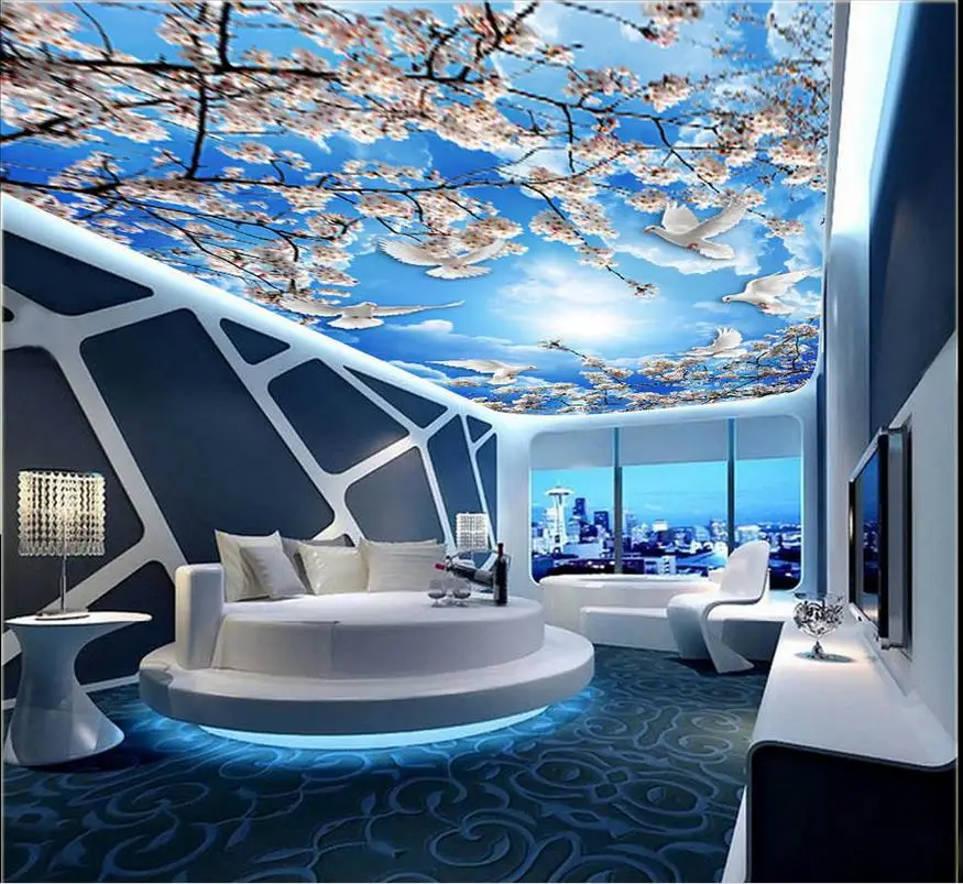 Домашний Декор 3d обои на заказ синее небо и белые облака Вишневое дерево 3D