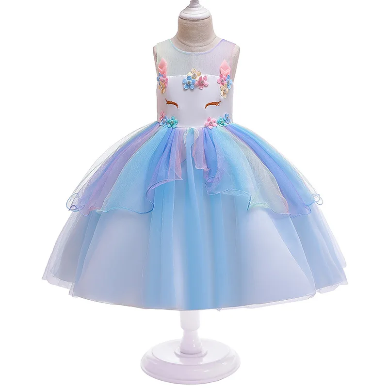 

2019 Children Rainbow Mesh Flower Girls Ball Gown Princess Birthday Wedding Party Tutu Unicorn Dress Halloween Cosplay Costume
