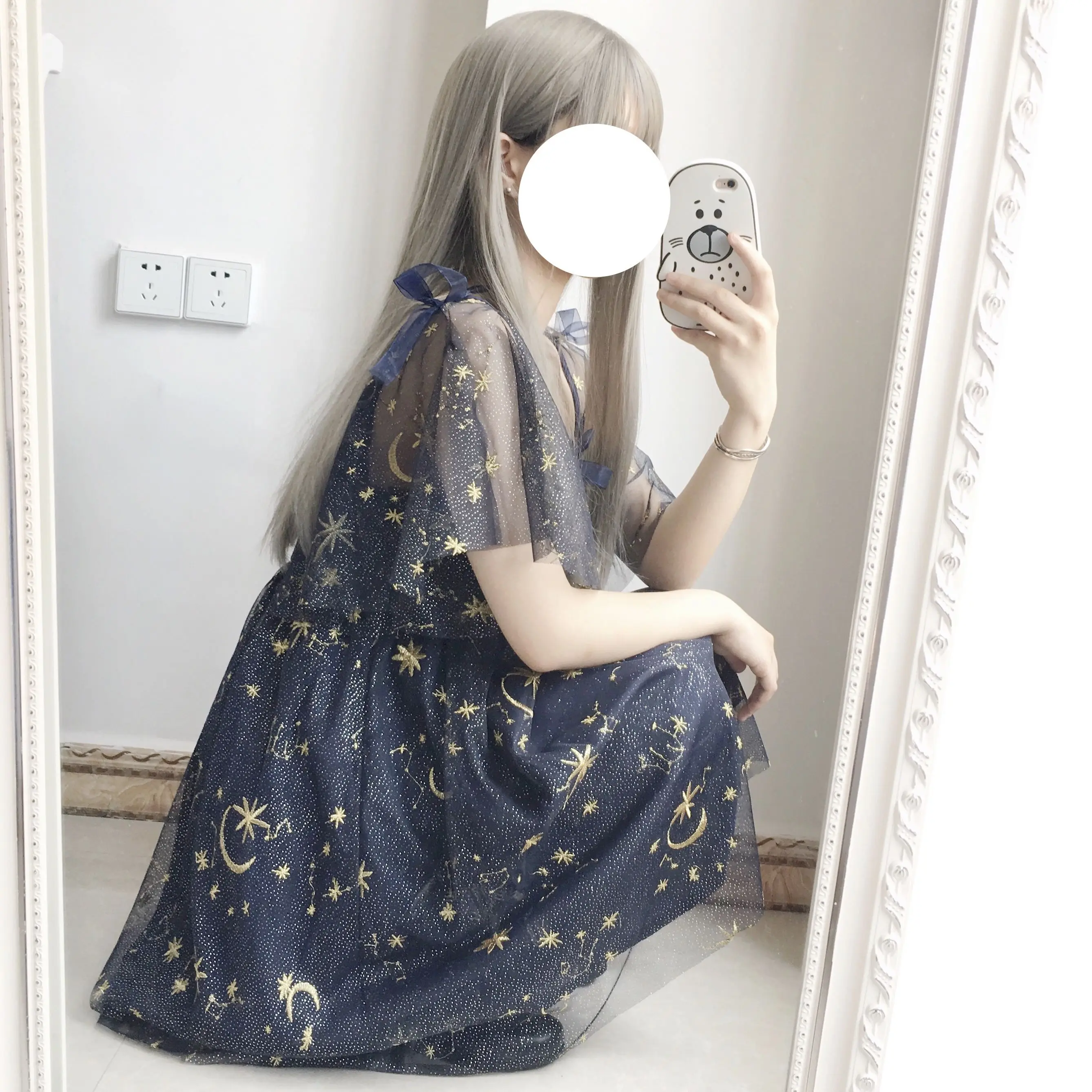 Japanese Harajuku Women Fairy Kawaii Lolita Dress Embroidery Moon Stars Gothic Dress Elegant Cute sweet Sequined Bow Dresses