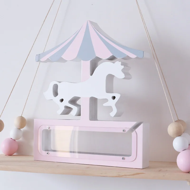 

D Ins Nordic wooden carousel horse Money Boxes Wood Kid Go Round Toy Unicon wood Money Cans Toys Living Room Decor Piggy Bank