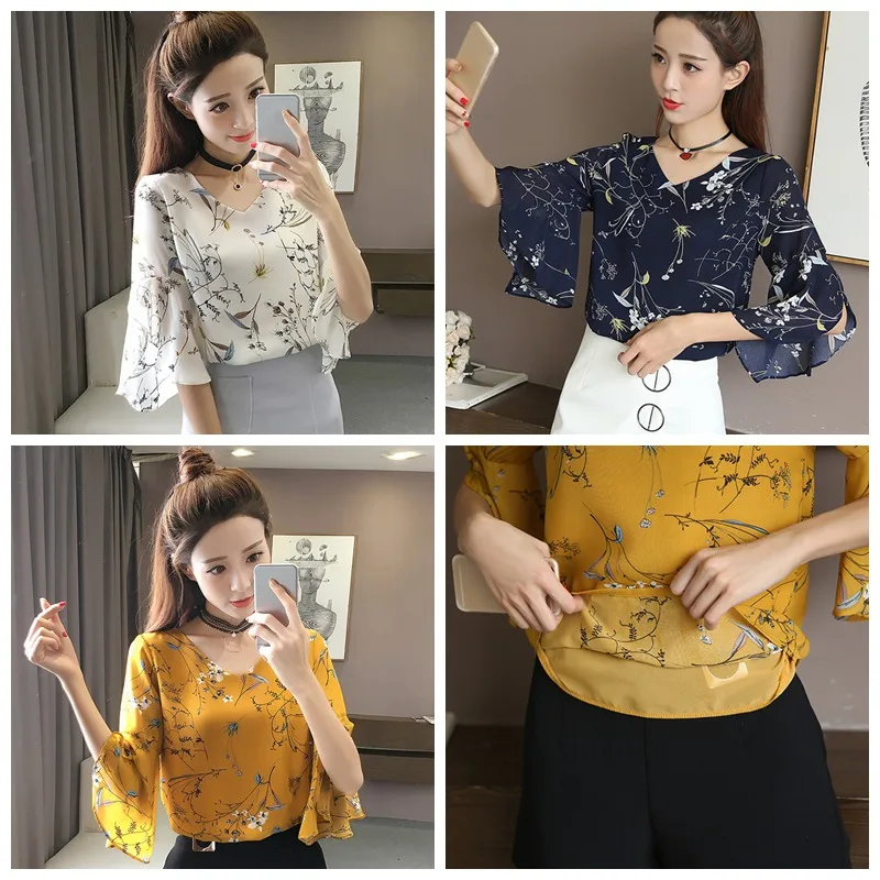 Уютная летняя женская рубашка с маленьким v-образным вырезом, женские блузки, корейские милые цветочные гофрированные шифоновые топы с рукавом-бабочкой, harajuku blusas