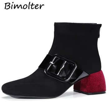 

Bimolter Fashion Women Sheep Suede Ankle Boots High Heel Mixed Color Buckle Shoes Female Comfortable Casual Street Boots LAEB063