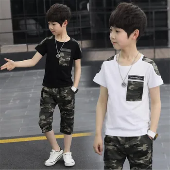 

Boy Summer Set Camouflage Two-piece Children's Wear O'Dell fabrics Camo stitching suit 5-14 years old Child clothes