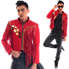 Plus Size Men Fashion Red Rhinestones Sequins Jacket Male Singer Nightclub Bar Blazer Coat Man Jazz Stage Performance Costumes