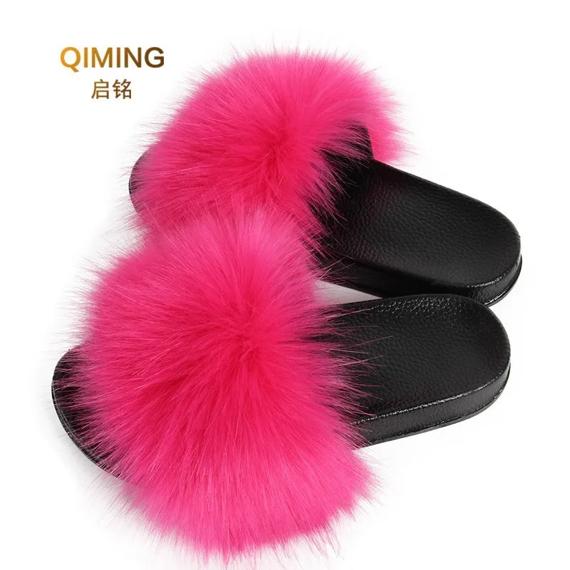 Womens Fluff Slide Slippers Faux Fur for Indoor Outdoor Open Toe Flat Sandals Shoes for Ladies Slip On Summer Casual Beach