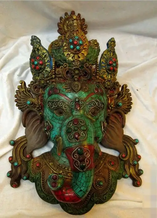 

15" Tibet resin turquoise gem Buddhism elephant buddha mask Sculpture Statue