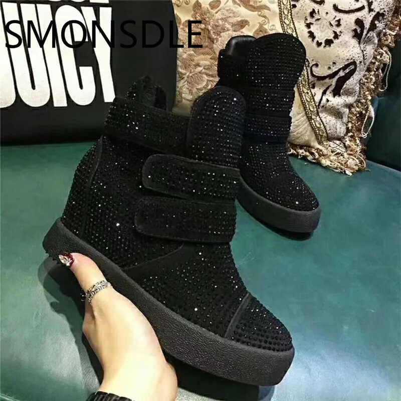 

SMONSDLE Black Bling Bling Crystal Studded Kid Suede Women Boots Round Toe Hook&Loop Height Increasing Women Autumn Winter Boots