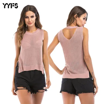 

Thin section knit T-shirt European and American round neck sexy openwork vest hem split backless sleeveless shirt women