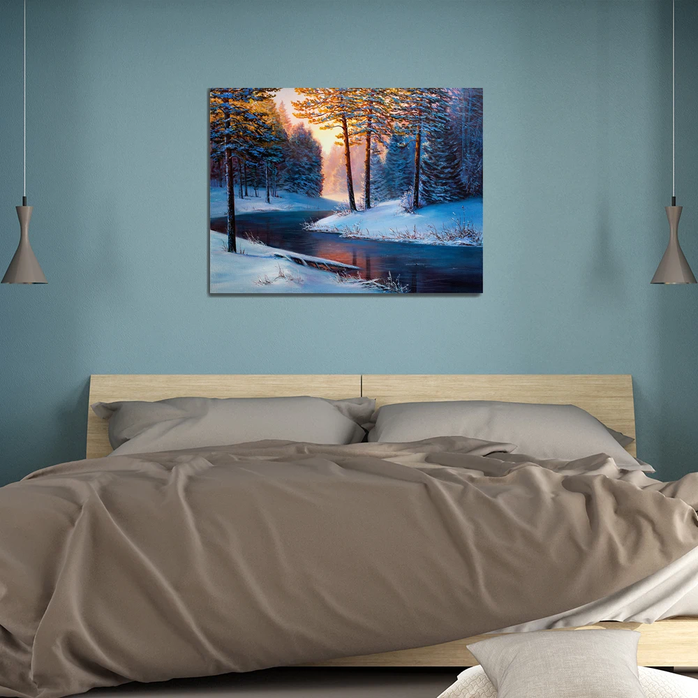 Laeacco Winter Snow River Forests Landscape Modern Art Oils Painting Canvas Posters Prints For Bed Living Room Wall Decoration Laeacco Winter Snow River Forests Landscape Modern Art Oils Painting Canvas Posters Prints For Bed Living Room Wall Decoration