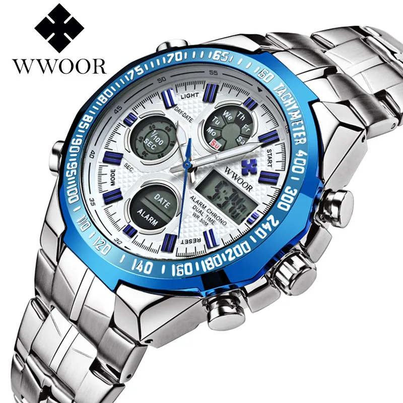 Pánské hodinky WWOOR Luxusní luxusní značka Luxusní muži Sportovní kroužky Hodinky LED Digitální plné ocelové Mužské armády Military Relogio Masculino