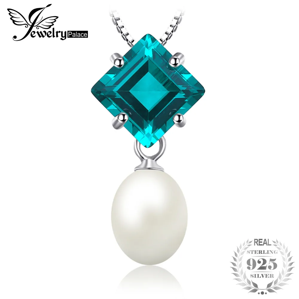 

JewelryPalace Luxury 2.0ct Nano Russian Simulated Emerald & Cultured Oval Shape Pearl Pendant Necklace 925 Sterling Silver