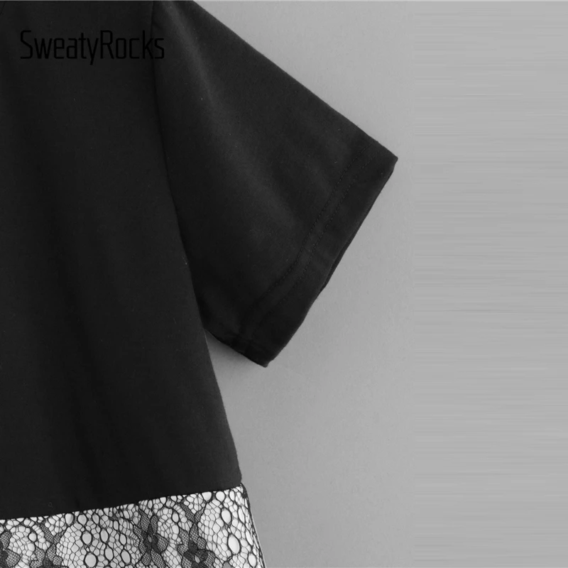 SweatyRocks Colorblock التباين الدانتيل اثنين من لهجة المحملة المرأة الصيف تيز و القمم 2019 جديد الشارع الشهير المحملة قميص عارضة القمصان