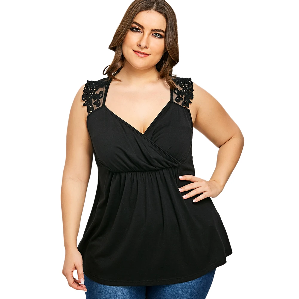 

Plus Size Lace Trim Empire Waist Tank Top Casual Sweetheart Neck Long Vest Black Tops Women T Shirt Summer Tank Tops 5XL 2018