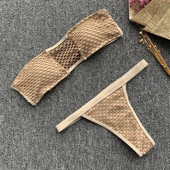 

Nude Bikini 2020 Women Push-up Padded Lace Hollow Strapless strap Biqunis Bandage Triangle thong Brazilian Swimsuit Swimwear
