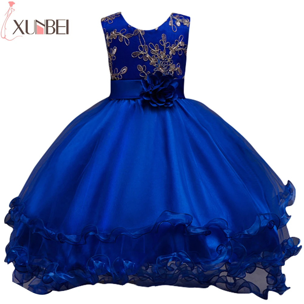 Royal Blue Bloem Meisje Lange Jurk 2020 Zomer Gouden Bloem Riem Tulle Sequin Kid Wedding Party Dress Ruches Vestido Kleding