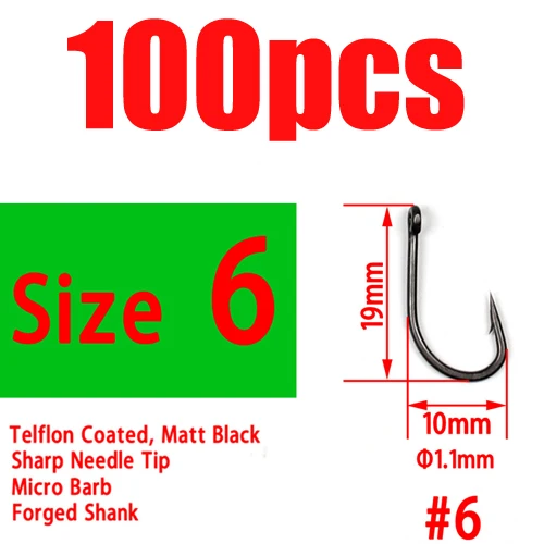 100pcs size 6 Bimoo 100 шт./упак. крючок для ловли карпа Telflon покрытие карп рыболовные крючки стандартный японский Размер 2 4 6 10 Темный сильный и острый Рыболовный крючок - Цвет: 100pcs size 6