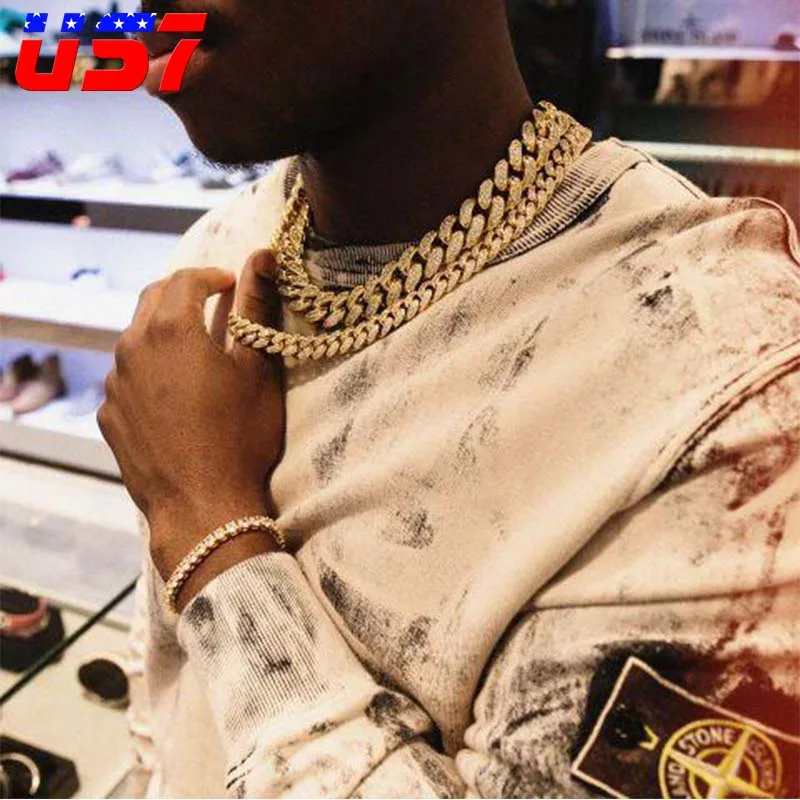 

US7 Micro Miami Cuban Chain Ice out Choker Necklace Crystal Clasp cuban link Chain Necklaces for Men Rapper Fashion Jewelry