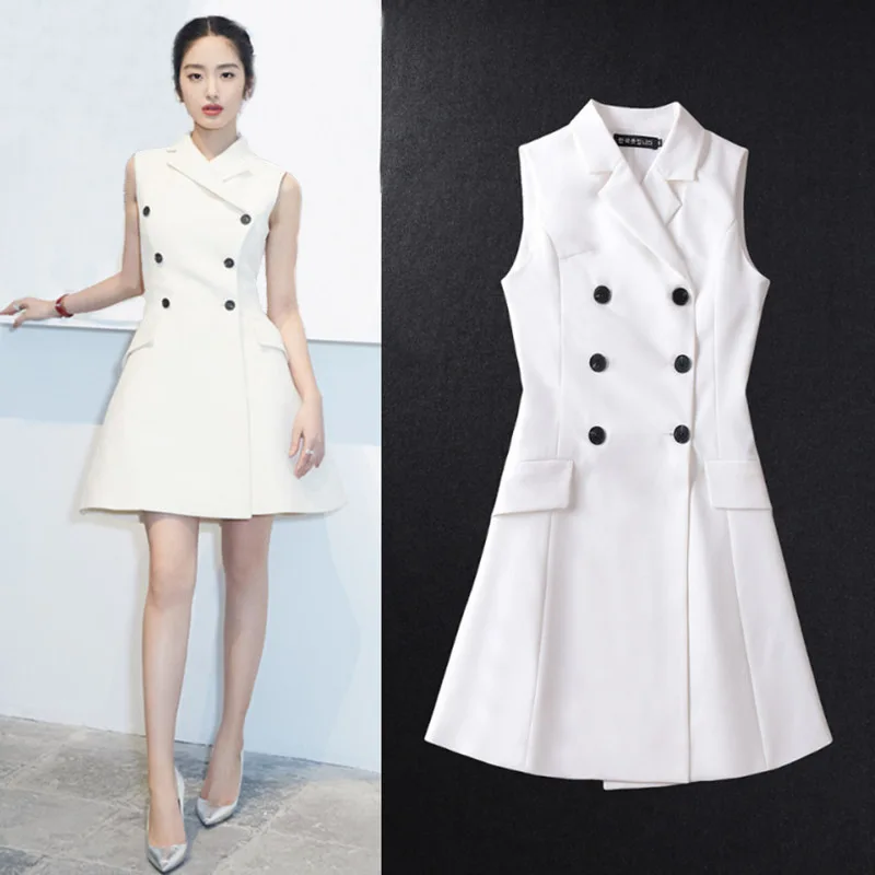 

2019 Spring New White Double-breasted Suit Collar Trim Sleeveless Dress Clothes A-Line Knee-Length Button Suit Dress Women