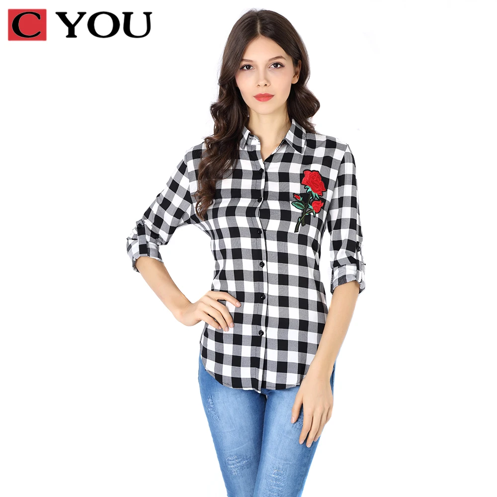 CYOU Clásico de Las Mujeres Blusa La Manera de Tres Cuartos A Cuadros de Algodón de Tela Escocesa Femenina Camisa Delgada Otoño Blusas|blusas fashion|shirt femaleplaid shirt female -