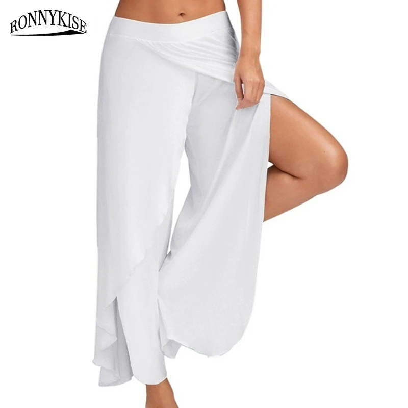 

RONNYKISE Women's Fashion Leggings Solid Ruffles Stitching Wide Leg Pants Side Open Casual Loose Long Pants Plus Size M-5XL