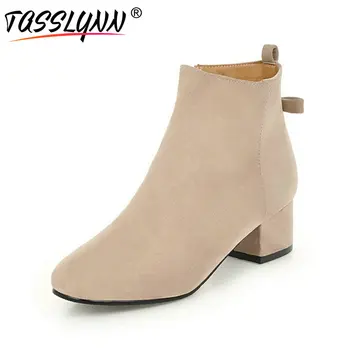 

TASSLYNN 2018 Women Boots Fashion Suede Round Toe Autumn Shoes Women Square High Heel Sewing Zip Casual Boots Size 34-43