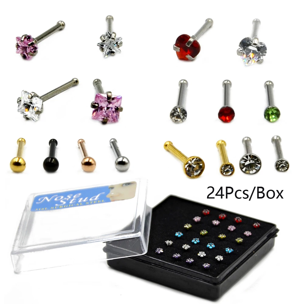 

Showlove-24Pcs/Box Surgical Steel Gem Zircon Nose Bone Ring Nose Screw Ring Nose Stud Body Piercing Jewelry 0.8mm/20G