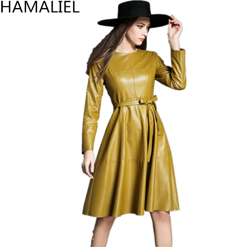 HAMALIEL новинка весны женские вечерние платья 2018 модное желтое кожаное платье из