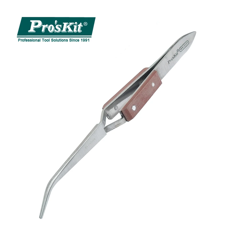 Изогнутые пинцеты Pro'sKit 1PK 117T из нержавеющей стали с деревянной ручкой (164 мм)