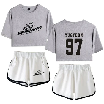 

GOT7 Print Sexy Temperament Street T-Shirt Women's Fashion Navel Short Sleeve T-Shirt + Shorts Two-Color Mixed Women's Set