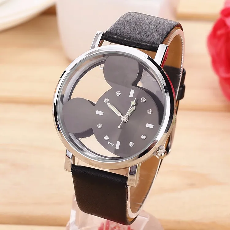 

Fashion Mickey Women Watches2017 new Brand Watch transparent hollow dial leather wristwatches women dress watch relogio feminino