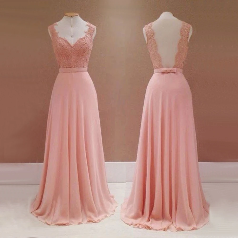 

Hot Selling Pink Chiffon Long Bridesmaid Dresses Sheer Back A Line Lace Top Cheap Wedding Party Gowns 2019 Robe De Soiree