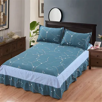 

Modern fashion simple style stripe 3pcs blue bedspread 100% cotton bed skirt pillowcase bedding set king queen full twin size