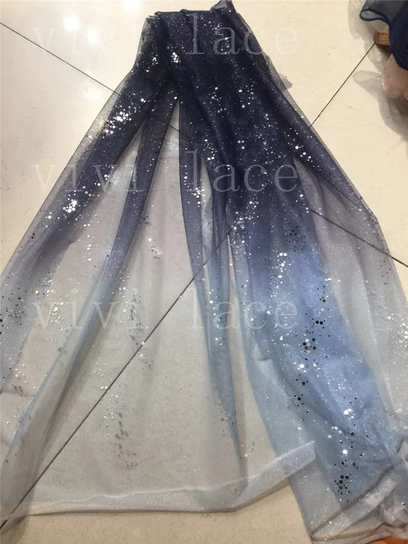 

10 Yards stt02 Digital Print Gradual Dark Blue Color Silver Glitter Tulle Mesh Fabric for Wedding/evening dress