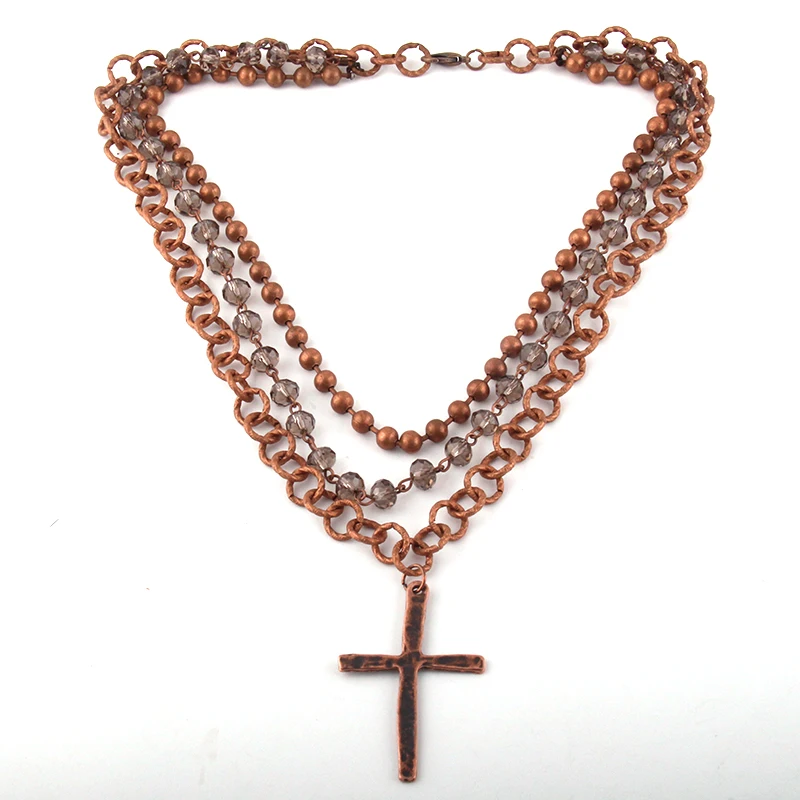 

Fashion Bohemian Tribal Jewelry 3 Layer Multiple Crystal Rosary Link & Chain Cross Pendant Necklaces