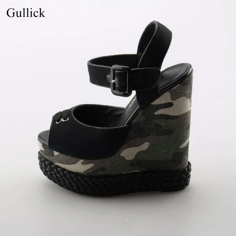 

Sexy Peep toe Platform Wedge Sandal for Woman 2018 Camouflage Printed Ankle Strap High Platform Sandal Super High Summer Shoes