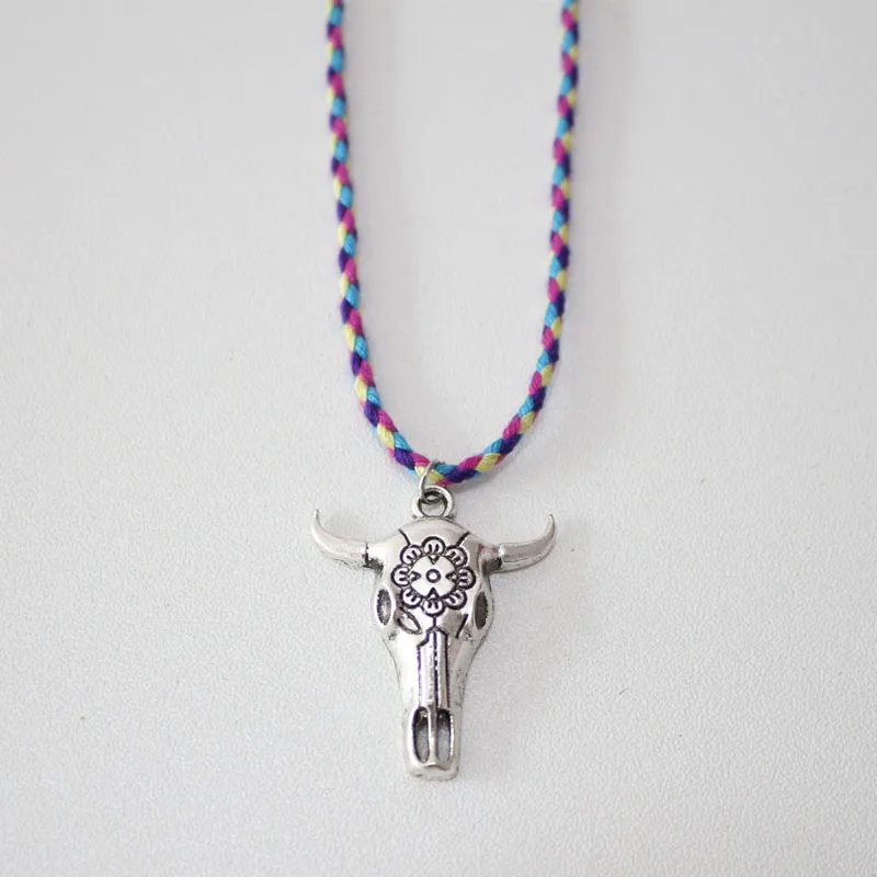 Women Bohemian Ethnic Cow Cattle Bull Head Choker Braided Rope Chain