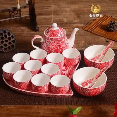 Высококачественный китайский свадебный подарок, свадебные принадлежности, красный керамический чайный чайник, двойной чайный горшок в форме сердца, набор подноса - Цвет: 10