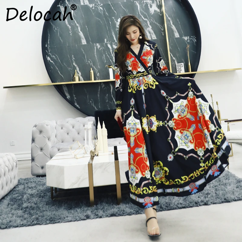 

Delocah Women Spring Summer Dress Runway Fashion Designer Long Sleeve Sexy V-Neck Vintage Printed Elegant Slim Long Lady Dress