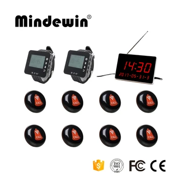 

Mindewin New Design 433MHZ 1 Voice Reporting Receiver Host+2 Watch Receiver+ 8 Call Button for Wireless Hotel Queuing System