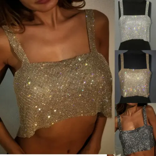 

Club Party Sparkly Crystal Rhinestone Metal Chainmail Halter Draped Bra Crop Top Vest