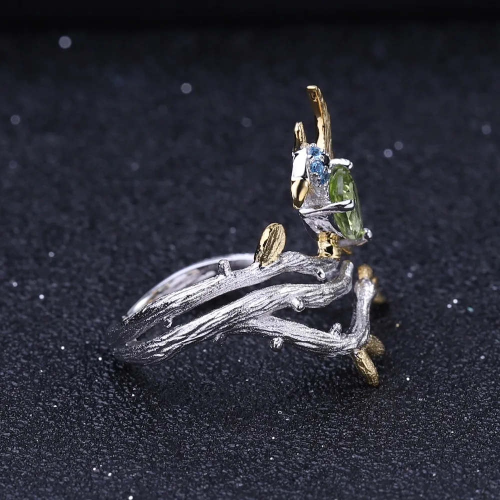GEM'S балетные 925 пробы серебряные ювелирные изделия 0.78Ct натуральный зеленый перидот драгоценный камень кольцо ручной работы Птица на ветке кольца для женщин