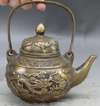 

15CM Marked Chinese Bronze Bat Dragon Phoenix Wine Pot Flagon Teapot Teakettle