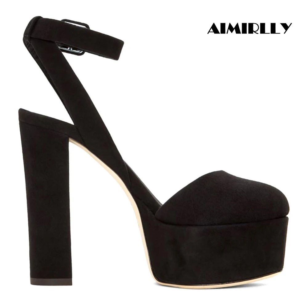

Women's Shoes Round Toe High Heels Platform Pumps Ankle Buckle Chunky Heel Slingbacks Female Shoes Black Faux Suede Aimirlly