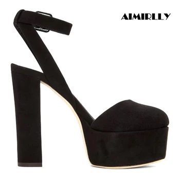 

Women's Shoes Round Toe High Heels Platform Pumps Ankle Buckle Chunky Heel Slingbacks Female Shoes Black Faux Suede Aimirlly