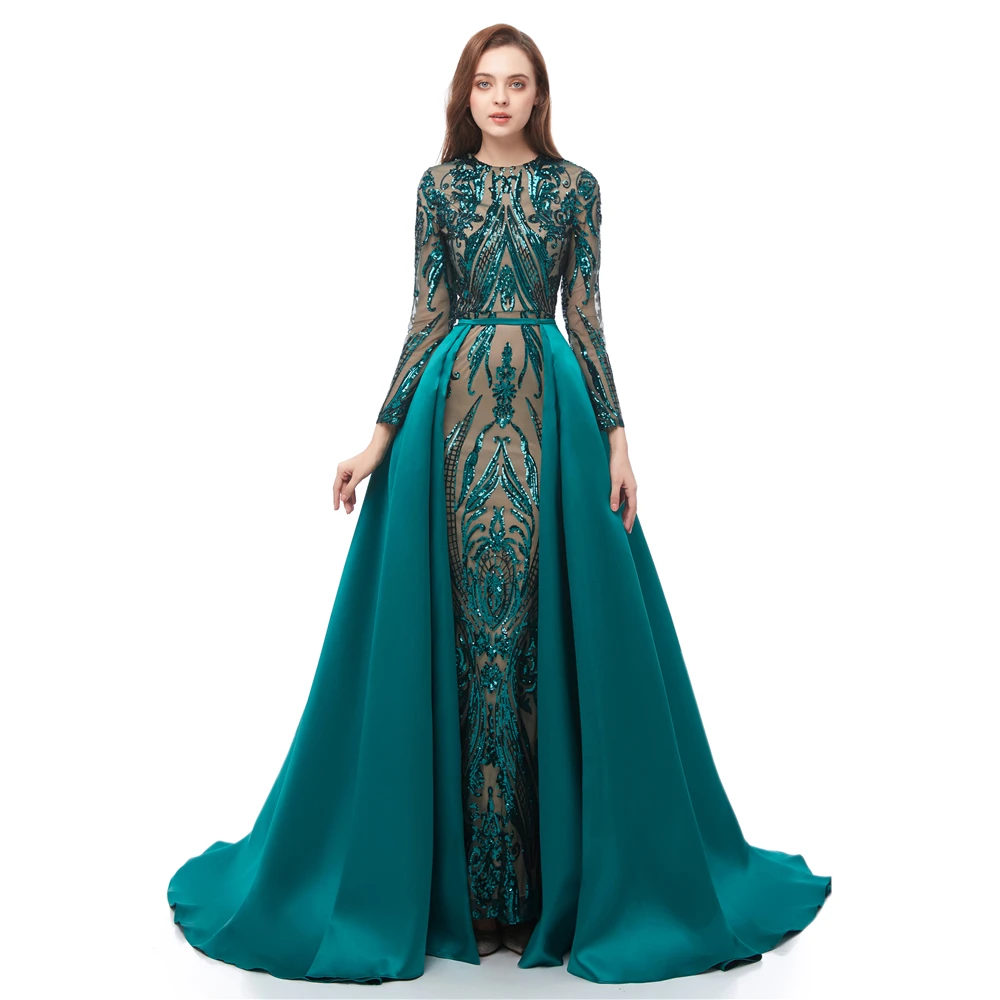 

Long Sleeves Green Sequins Prom Dresses 2019 Mermaid Detachable Train Evening Party Gowns Custom Made Plus Size Sexy Prom Gown